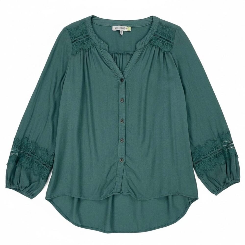 FIGUEROA & FLOWER Women's PEASANT BLOUSE Green With LACE TRIM Size MEDIUM